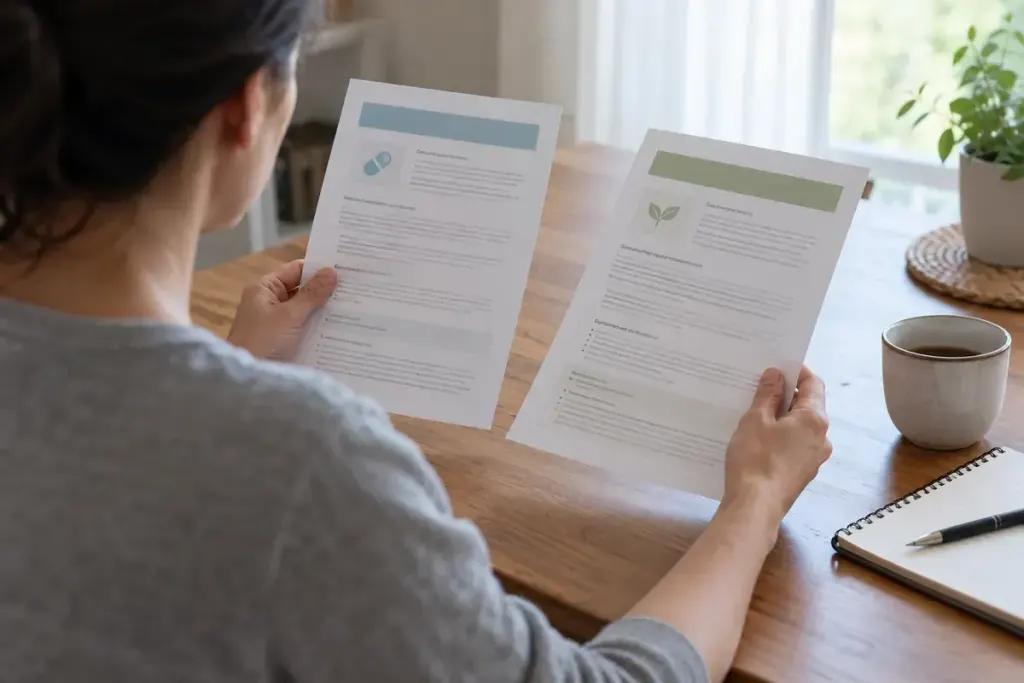 A reader comparing two neutral treatment information leaflets at a desk.