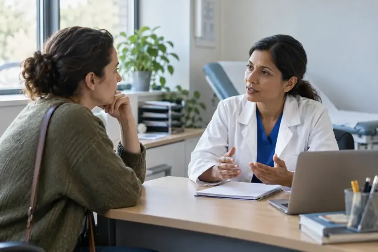 A patient discussing an appointment plan with a clinician.