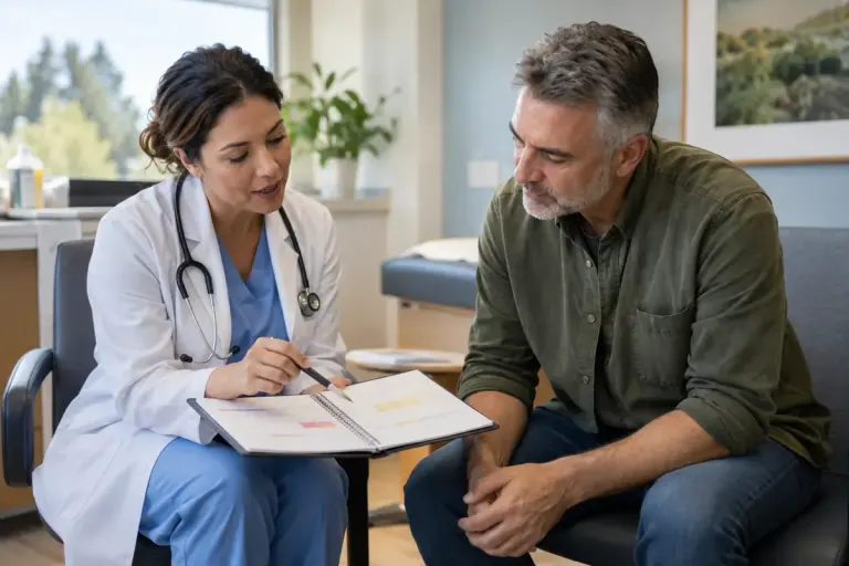 A clinician and adult patient reviewing a care schedule in a consultation room.