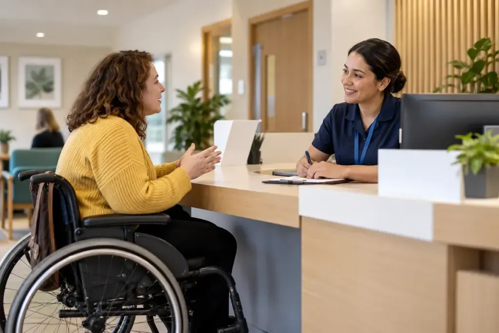 An adult discussing access needs with a receptionist at a welcoming accessible clinic desk.
