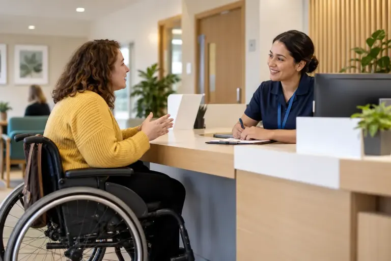 An adult discussing access needs with a receptionist at a welcoming accessible clinic desk.