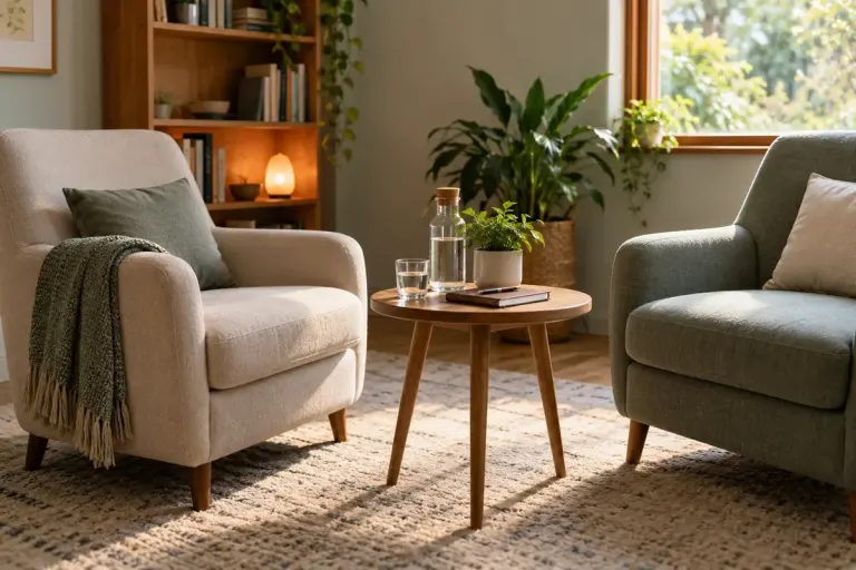 Two armchairs and a small table in a quiet counselling room.