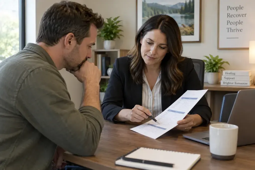 An adult reviewing a written care estimate with an intake adviser in a private office.