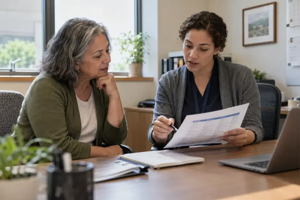 A patient discussing a follow-up contact sheet with a care coordinator in a quiet office.