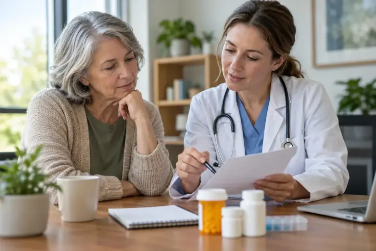A patient and clinician reviewing a medication list together at a desk.