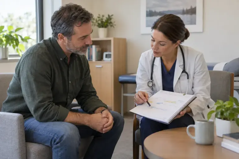 An adult and a clinician reviewing notes in a consultation room.