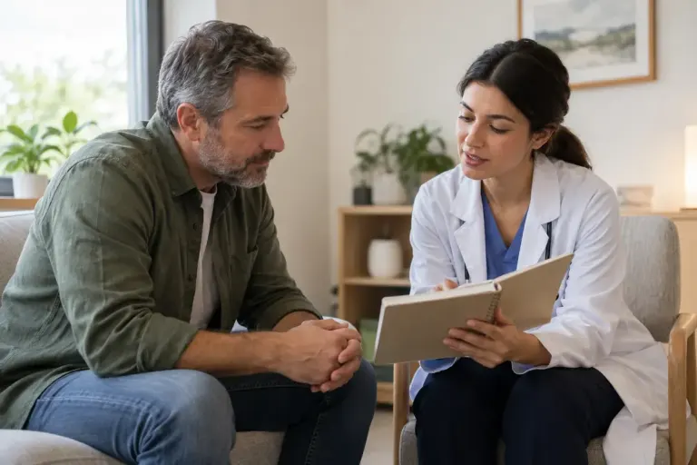 Adult patient and clinician discussing a simple notebook in a calm private consultation room.