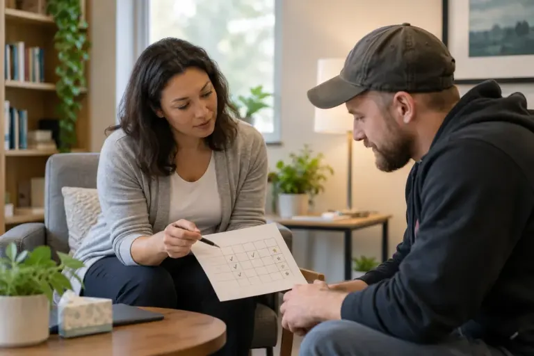 A clinician and patient reviewing a simple weekly progress card in a consulting room.
