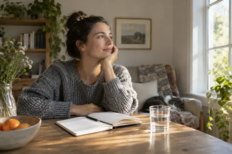 A person sitting quietly beside an open journal and glass of water in a calm sunlit room.
