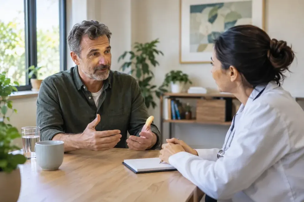 Adult speaking calmly with a healthcare professional in a welcoming consultation room, notebook on table, no pills or medical procedures.