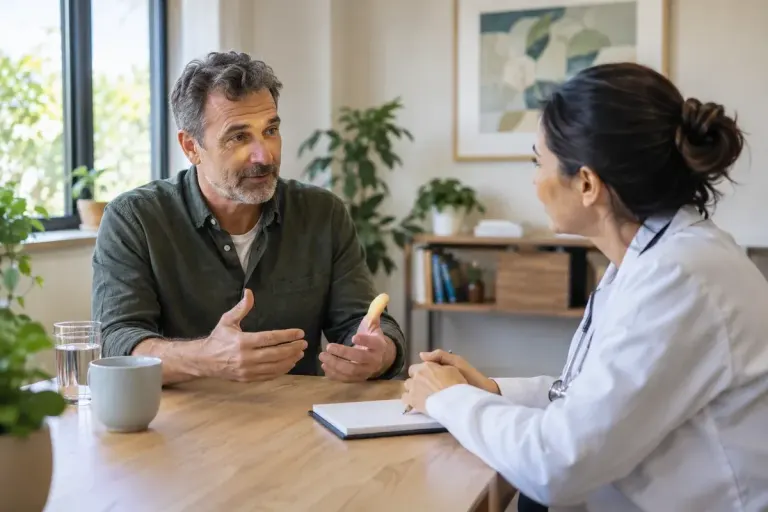 Adult speaking calmly with a healthcare professional in a welcoming consultation room, notebook on table, no pills or medical procedures.