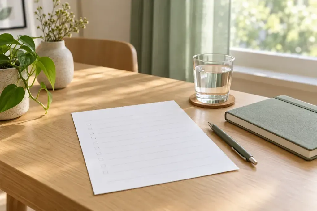 A one-page preparation sheet beside a notebook, pen and water.