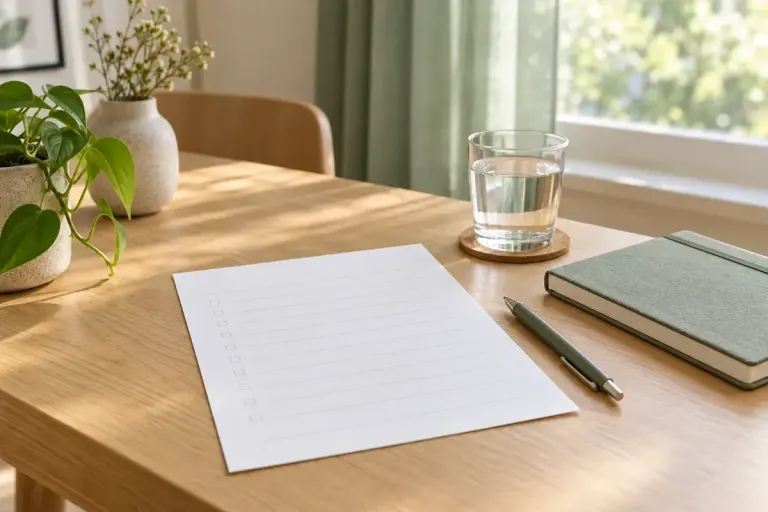 A one-page preparation sheet beside a notebook, pen and water.