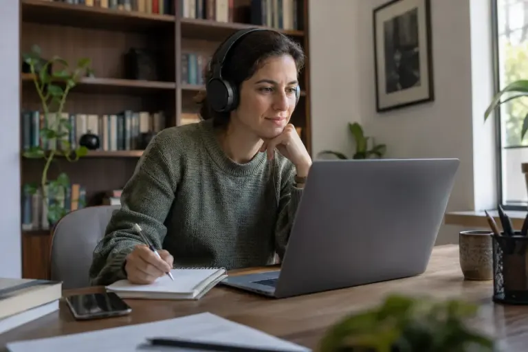 An adult wearing headphones and taking notes beside a laptop in a private study.