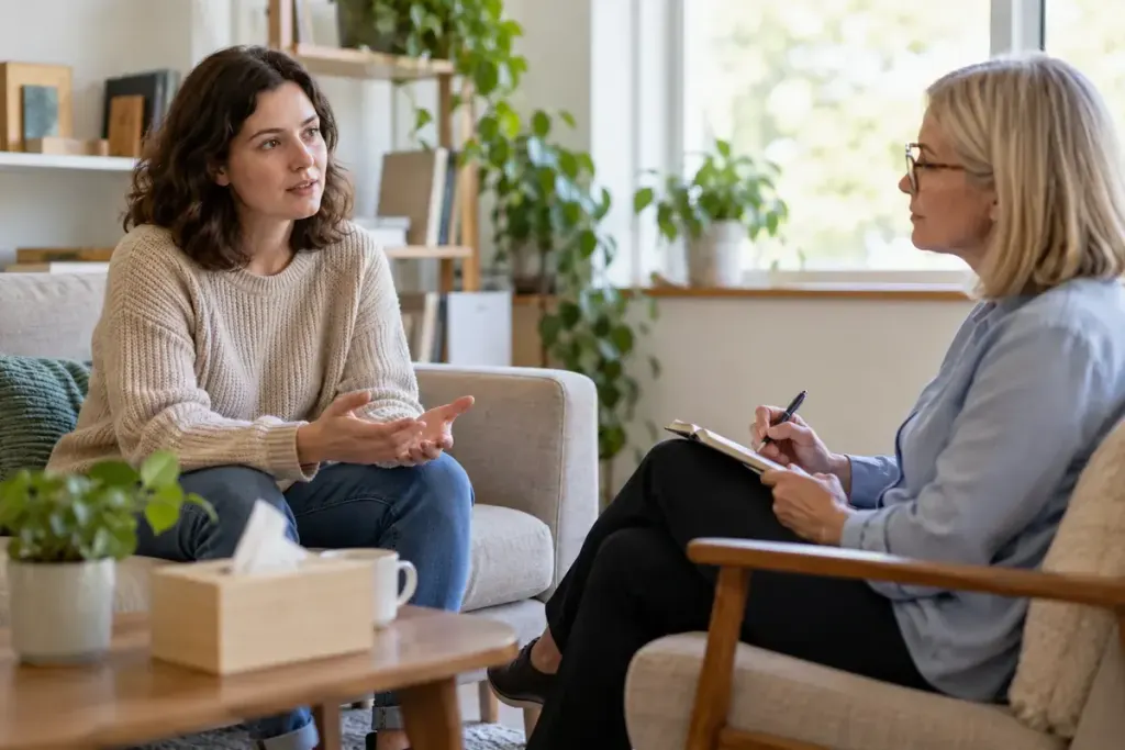 An adult in a calm nonjudgmental conversation with a counsellor in a private bright consultation room.