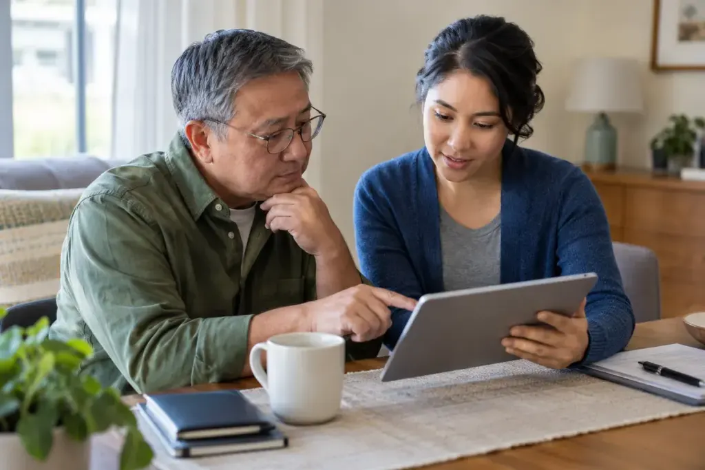 An adult and a trusted supporter reviewing a health portal together on a tablet in a calm private room.
