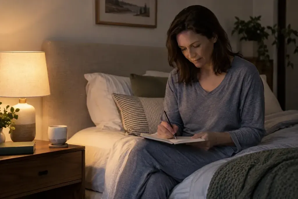 Adult filling a simple sleep diary beside a dim bedside lamp in a calm bedroom, no medications visible.