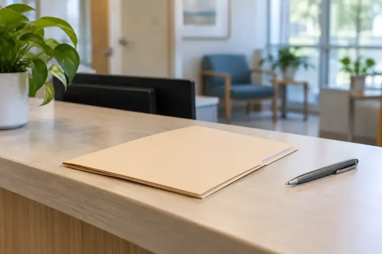 A plain document folder and a pen on a calm clinic reception table.