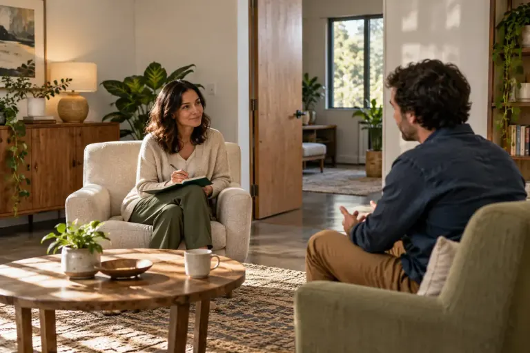 A calm consultation room with two comfortable chairs and an open doorway.