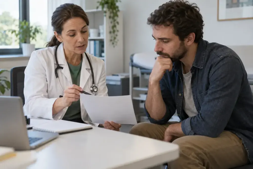 Clinician and adult discussing a plain report in private consulting room.