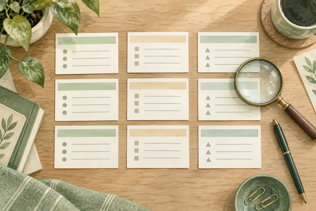 Illustrated cards arranged to compare answers from care programs.