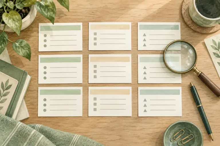 Illustrated cards arranged to compare answers from care programs.