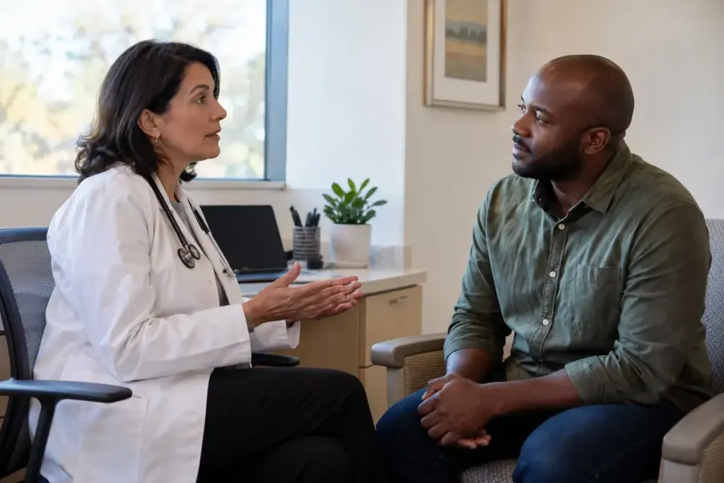 Clinician discussing appointment arrangements with an adult in a quiet consultation room.