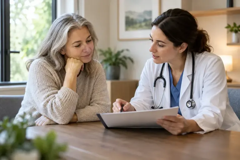 A patient and clinician reviewing a simple written plan in a quiet consulting room.