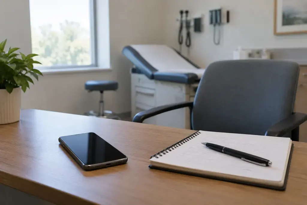 A smartphone with screen off beside an appointment notebook in an empty consultation room.